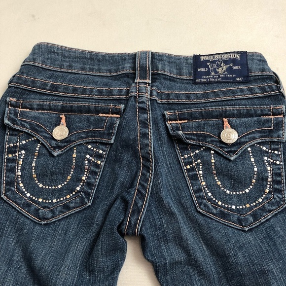 True Religion medium wash rose stitch straight jeans with crystal back pockets - Picture 4 of 16